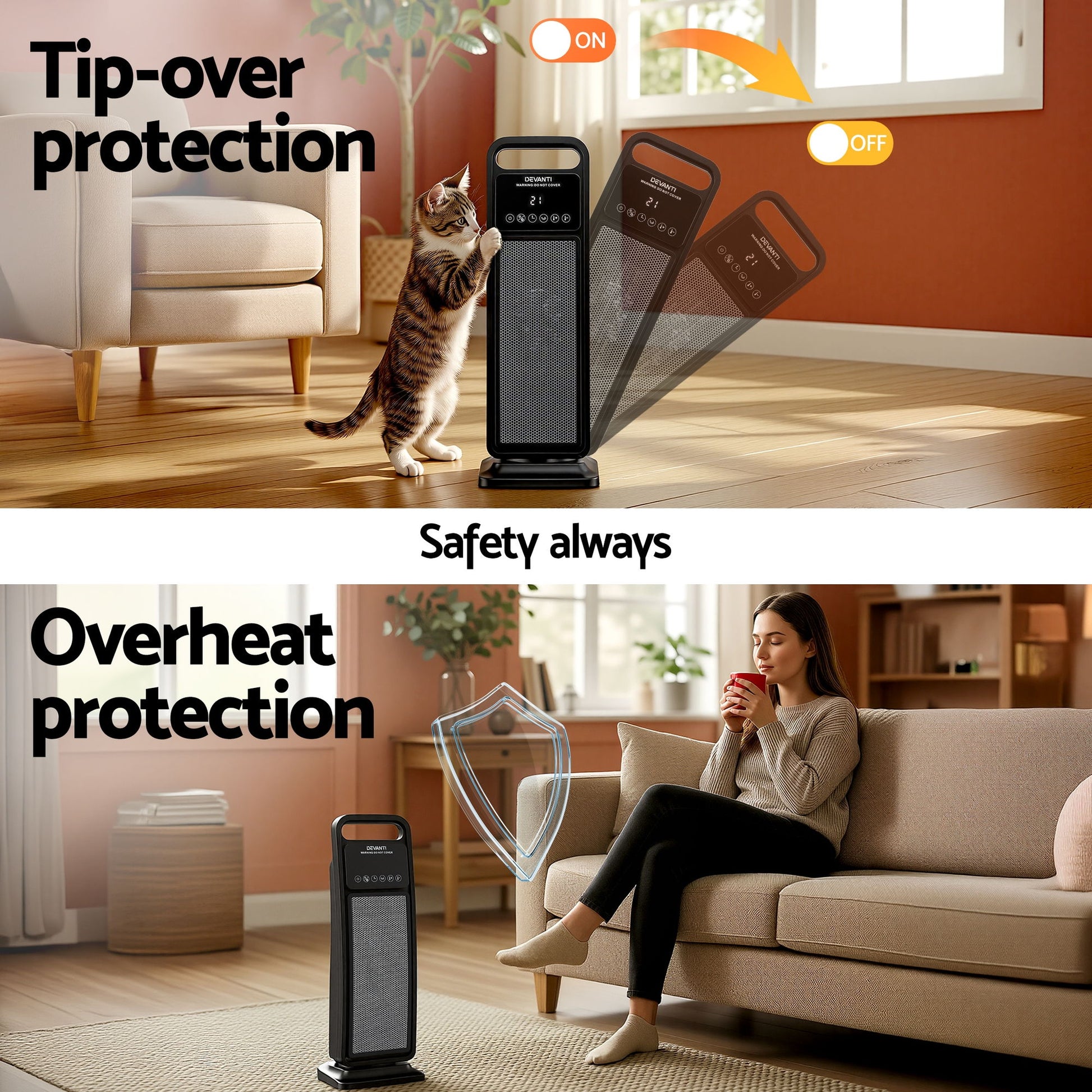Devanti 2000W Ceramic Tower Heater Space Heaters Indoor Oscillating Black - Image 8