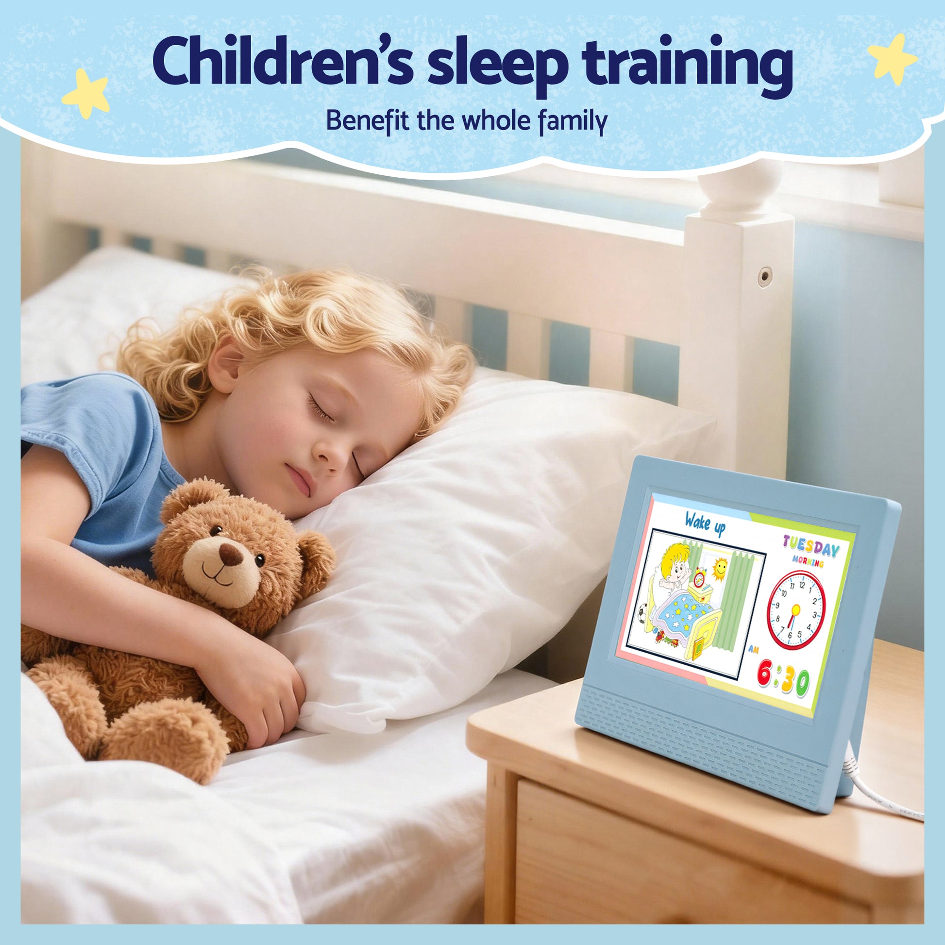 Artiss 7" Digital Day Clock Calendar Alarm LCD Children Sleep Trainer Clocks Blue - Image 5