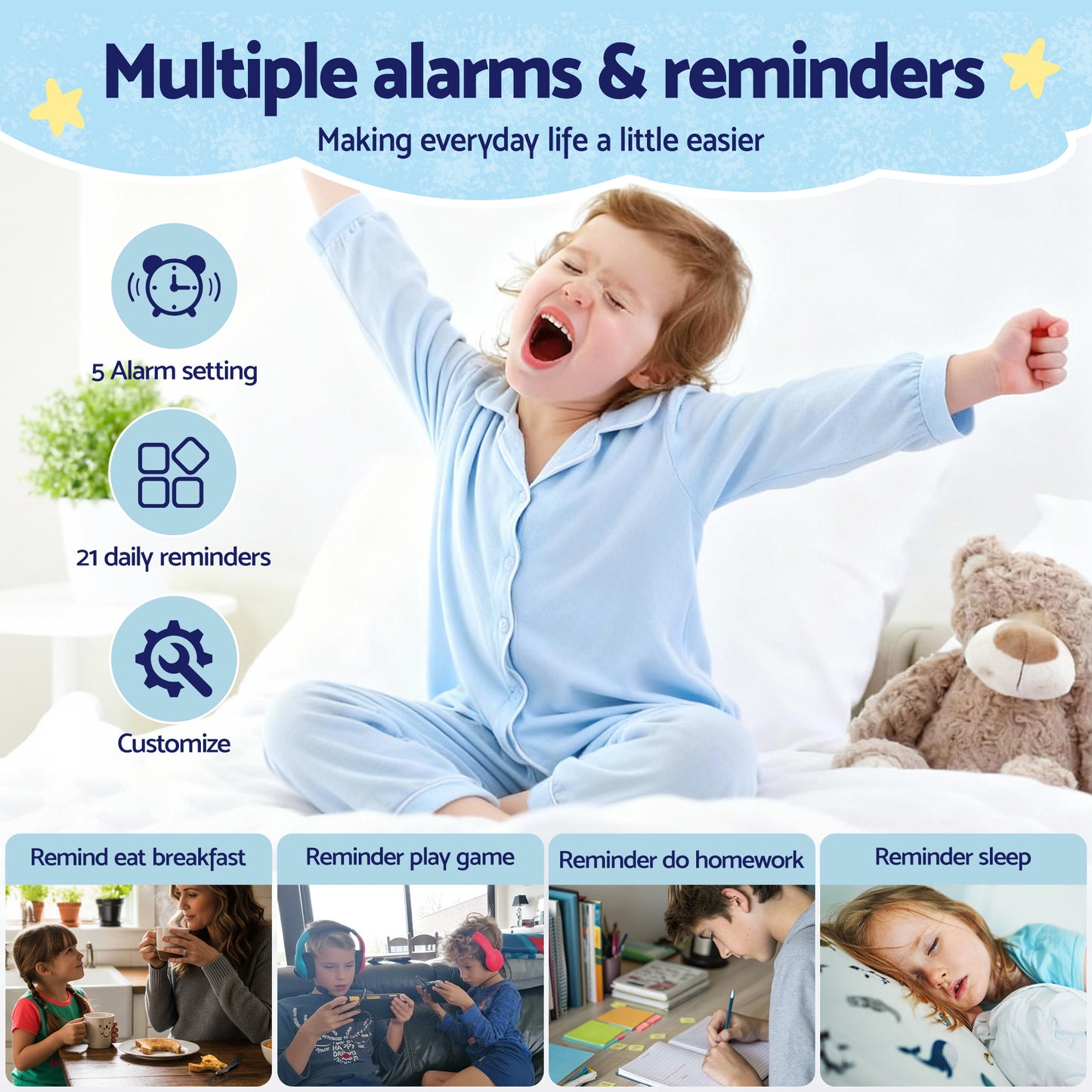 Artiss 7" Digital Day Clock Calendar Alarm LCD Children Sleep Trainer Clocks Blue - Image 6