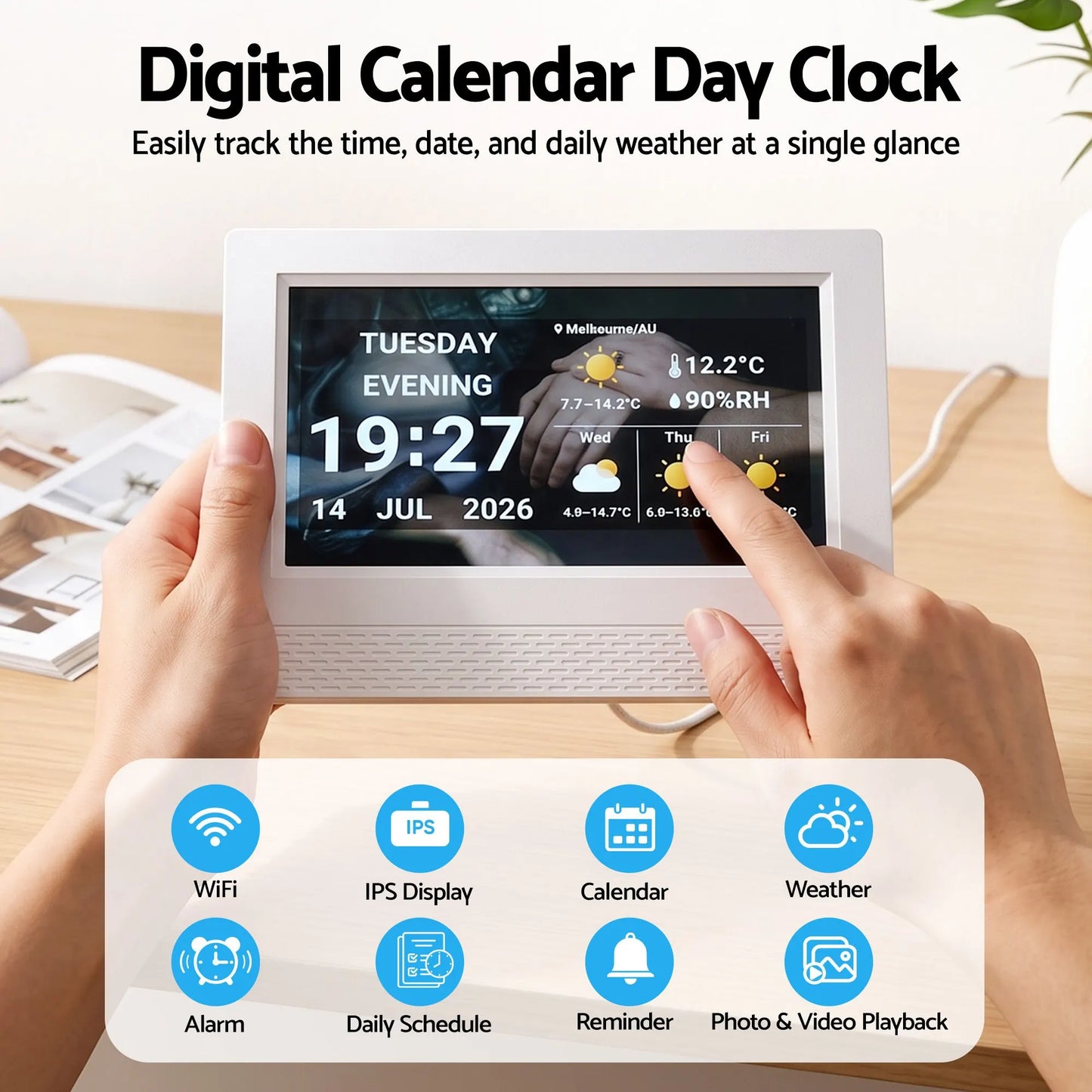Artiss 7" Smart Digital Clock Calendar HD IPS Touchscreen Weather Photo Frame - Image 2
