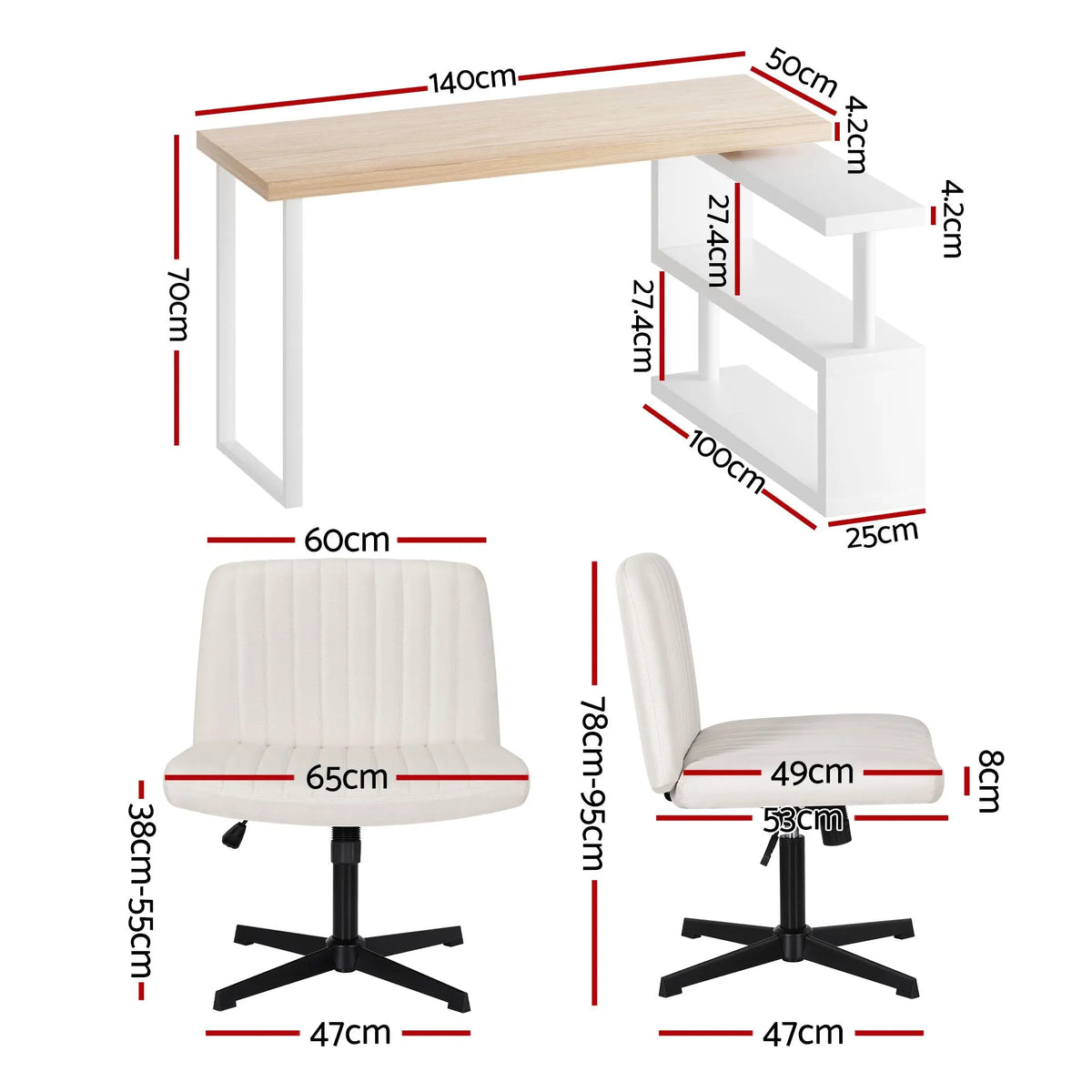 Artiss Office Desk & Chair Set 140cm Computer Desk with Rotatable Bookshelf & Criss Cross Office Chair Armless Swivel Chair, Home Office Study Workstation Furniture - Image 2