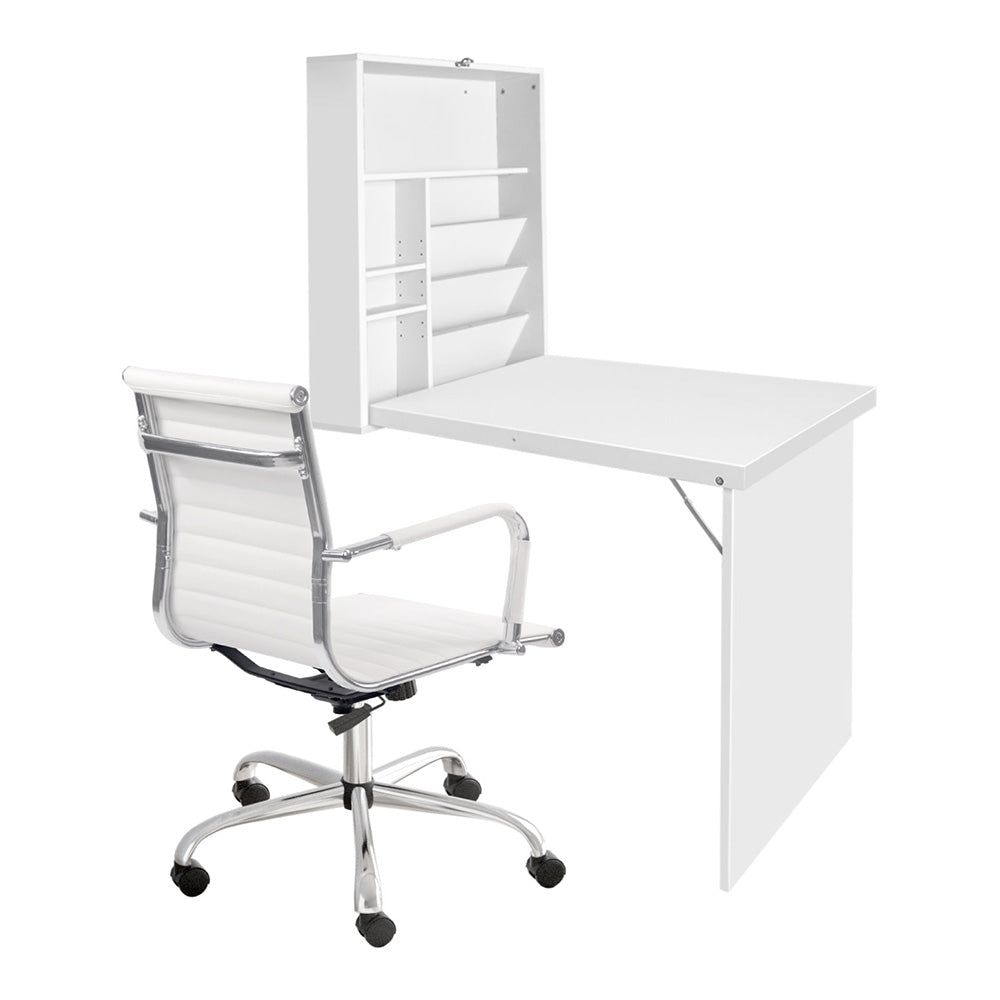Artiss Computer Desk Office Chair Set PU Leather Wall Mount Foldable Table White - Image 3