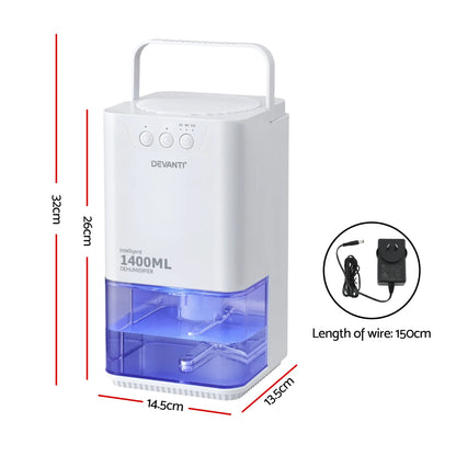 Devanti 1400ML Portable Dehumidifier Quiet Sleep Mode Timer Auto Off Bedroom White - Image 2