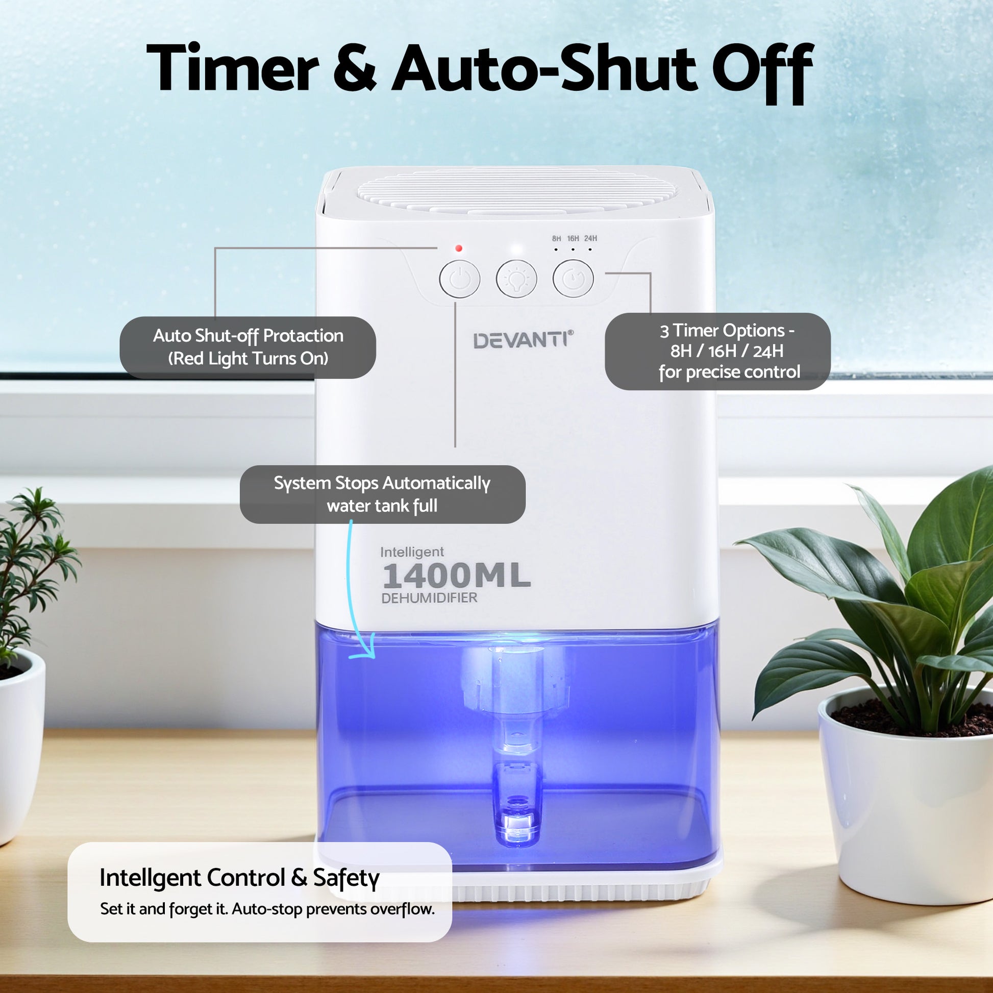 Devanti 1400ML Portable Dehumidifier Quiet Sleep Mode Timer Auto Off Bedroom White - Image 5