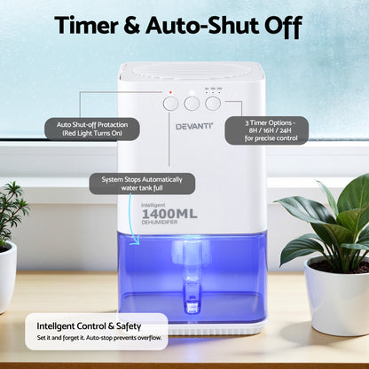 Devanti 1400ML Portable Dehumidifier Quiet Sleep Mode Timer Auto Off Bedroom White - Image 5
