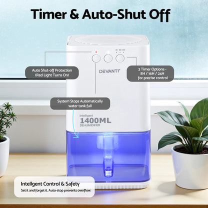 Devanti 1400ML Portable Dehumidifier Quiet Sleep Mode Timer Auto Off Bedroom White - Image 5