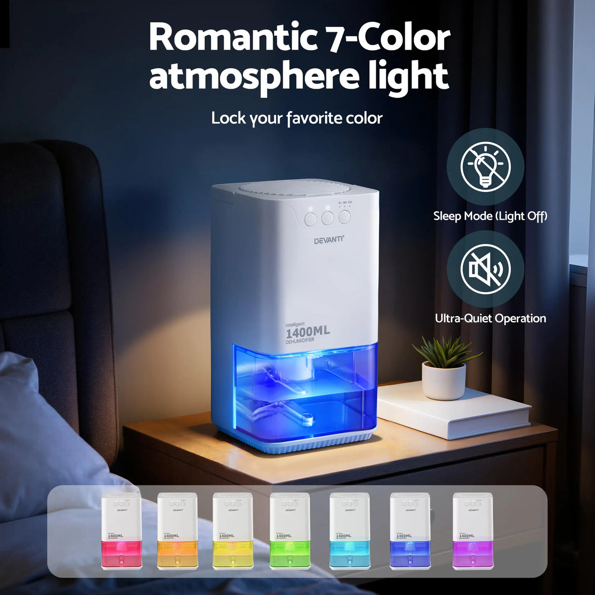 Devanti 1400ML Portable Dehumidifier Quiet Sleep Mode Timer Auto Off Bedroom White - Image 6
