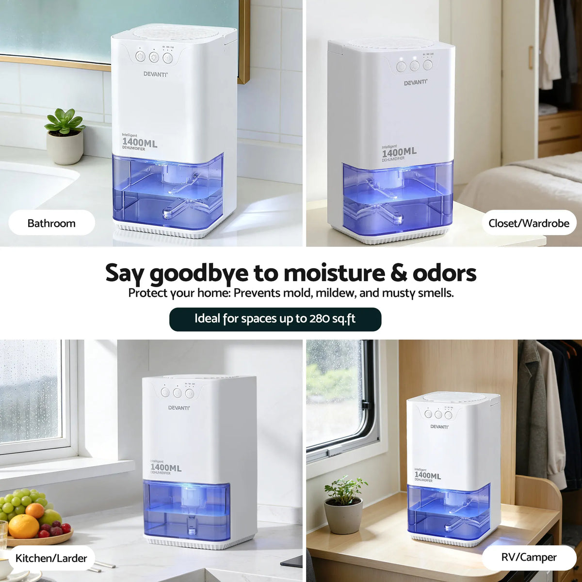 Devanti 1400ML Portable Dehumidifier Quiet Sleep Mode Timer Auto Off Bedroom White - Image 8