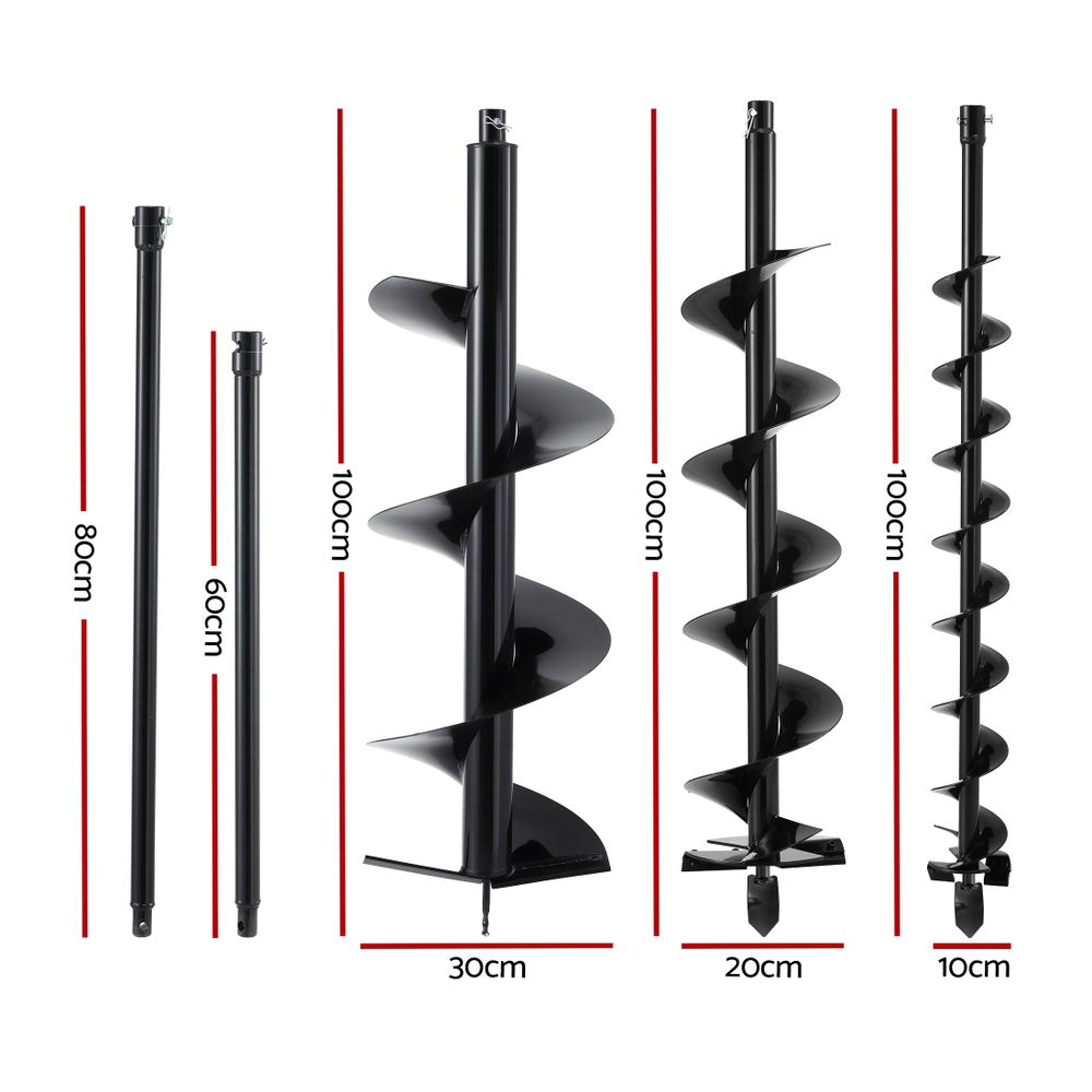 Giantz Post Hole Digger Auger Drill Bit Set 100mm 200mm 300mm Carbon Steel Black - Image 2