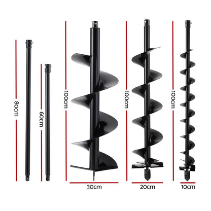 Giantz Post Hole Digger Auger Drill Bit Set 100mm 200mm 300mm Carbon Steel Black - Image 2