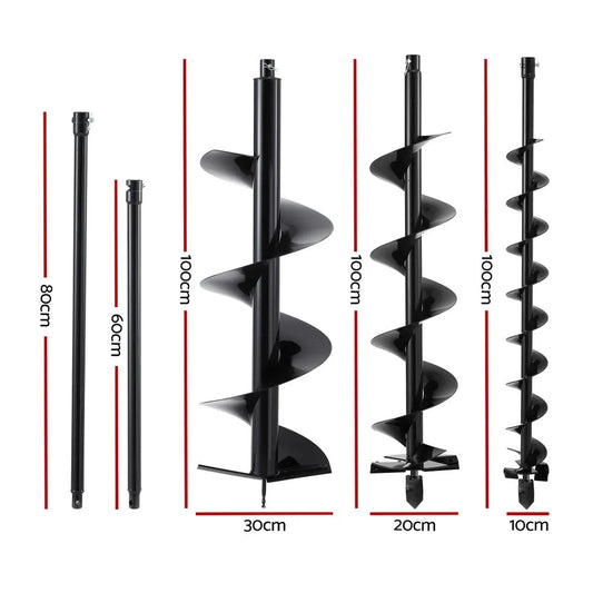 Giantz Post Hole Digger Auger Drill Bit Set 100mm 200mm 300mm Carbon Steel Black - Image 2