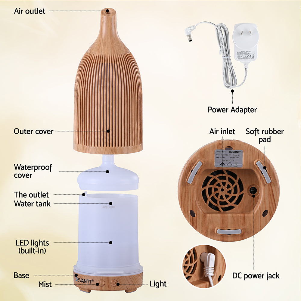 Devanti Ultrasonic Aroma Diffuser Aromatherapy 200ml LED Lights Iron Humidifier Forest Light wood grain - Image 9