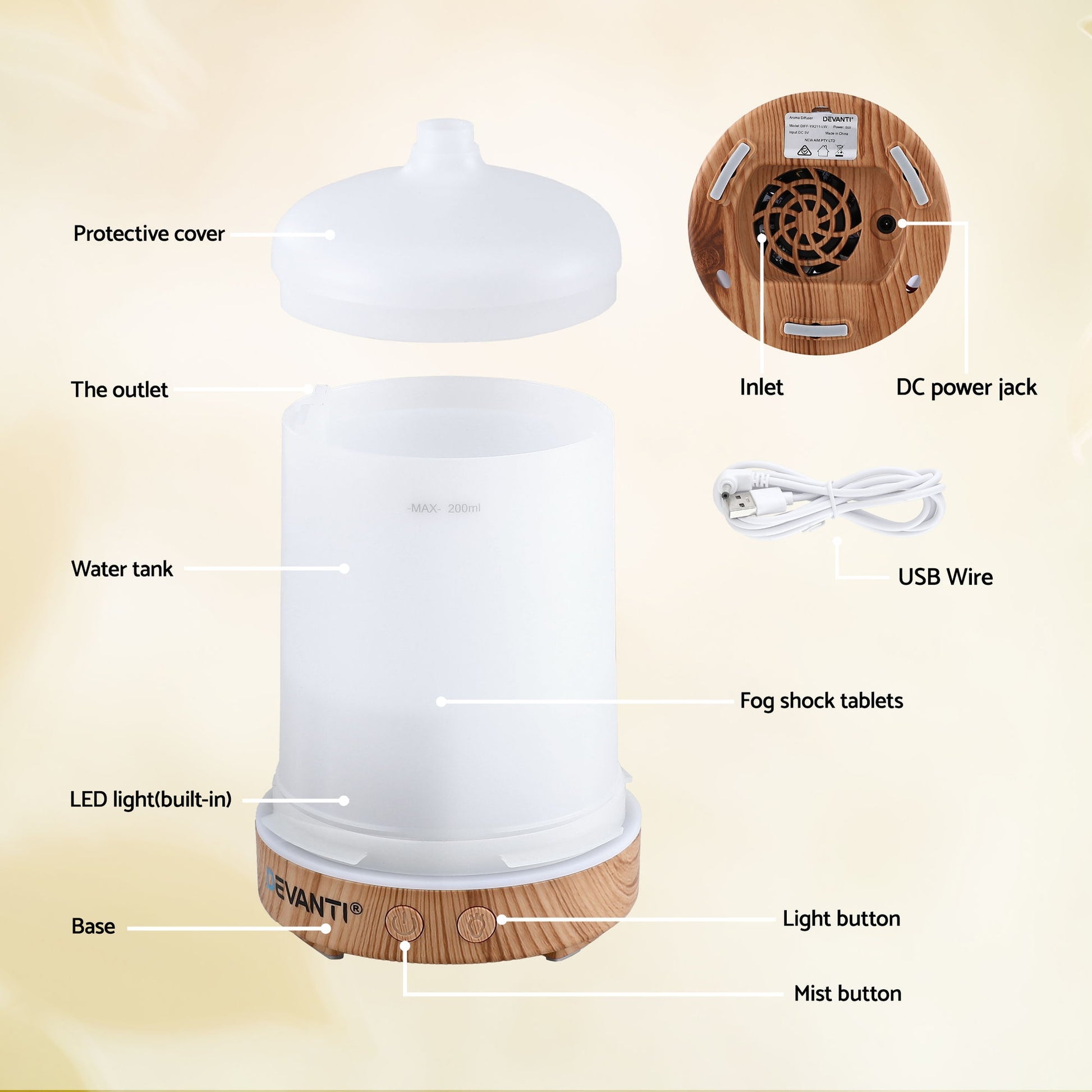Devanti Ultrasonic Aroma Diffuser Aromatherapy 200ml LED Lights Iron Humidifier Forest - Image 9