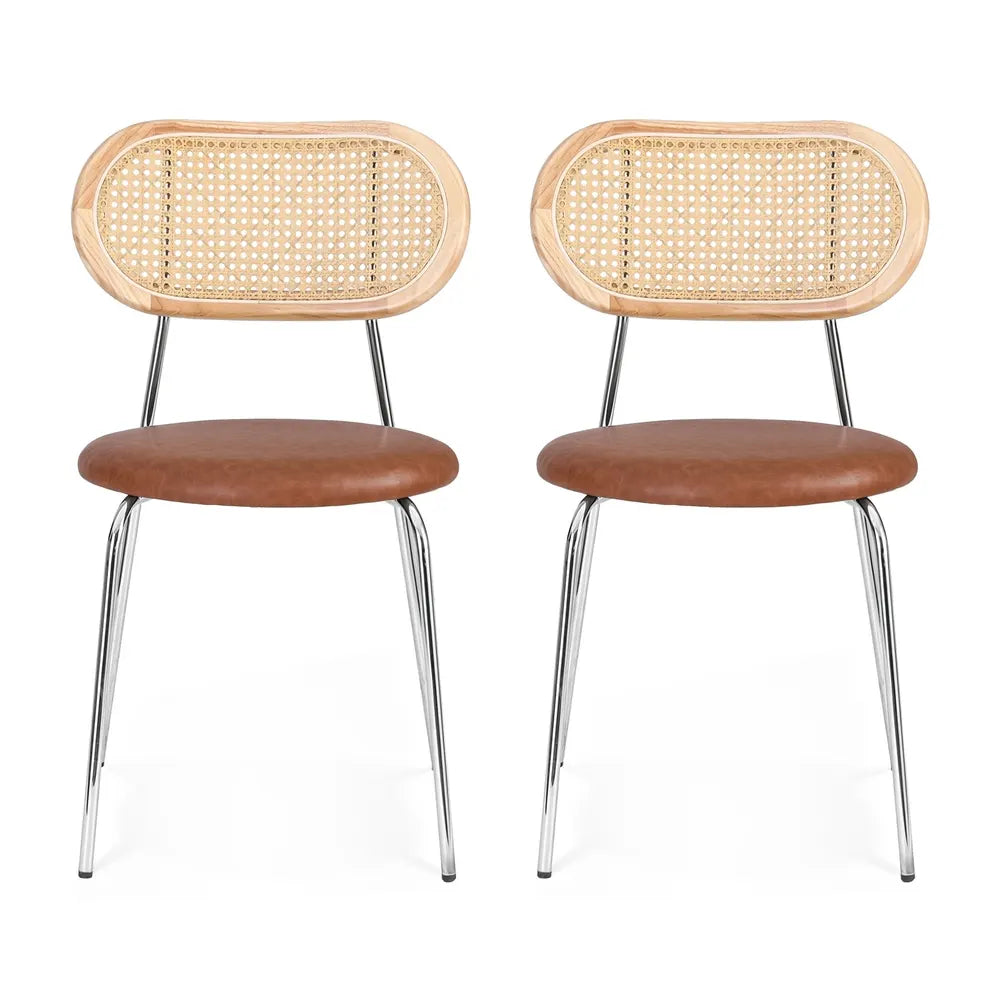 Artiss 2x Dining Chairs PU Leather Rattan Kitchen Lounge Cafe Accent Chair Brown - Image 3