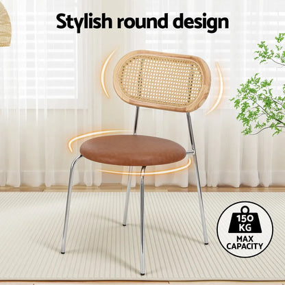 Artiss 2x Dining Chairs PU Leather Rattan Kitchen Lounge Cafe Accent Chair Brown - Image 4