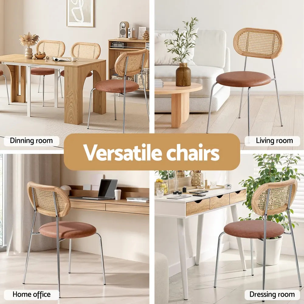 Artiss 2x Dining Chairs PU Leather Rattan Kitchen Lounge Cafe Accent Chair Brown - Image 5