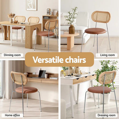 Artiss 2x Dining Chairs PU Leather Rattan Kitchen Lounge Cafe Accent Chair Brown - Image 5