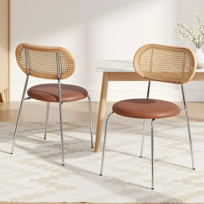 Artiss 2x Dining Chairs PU Leather Rattan Kitchen Lounge Cafe Accent Chair Brown - Image 7