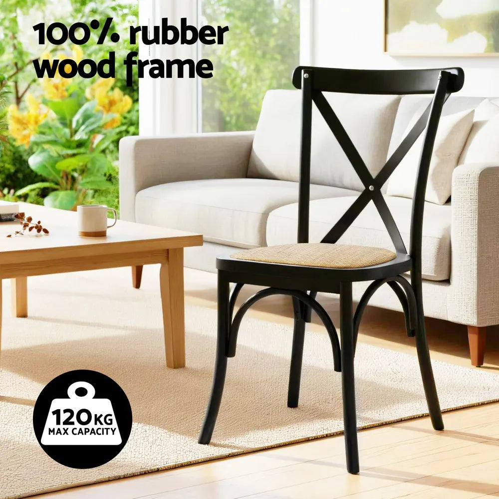 Artiss 2x Dining Chairs Rattan Wooden Kitchen Accent Chair Cafe Lounge Rubber Wood - Image 4