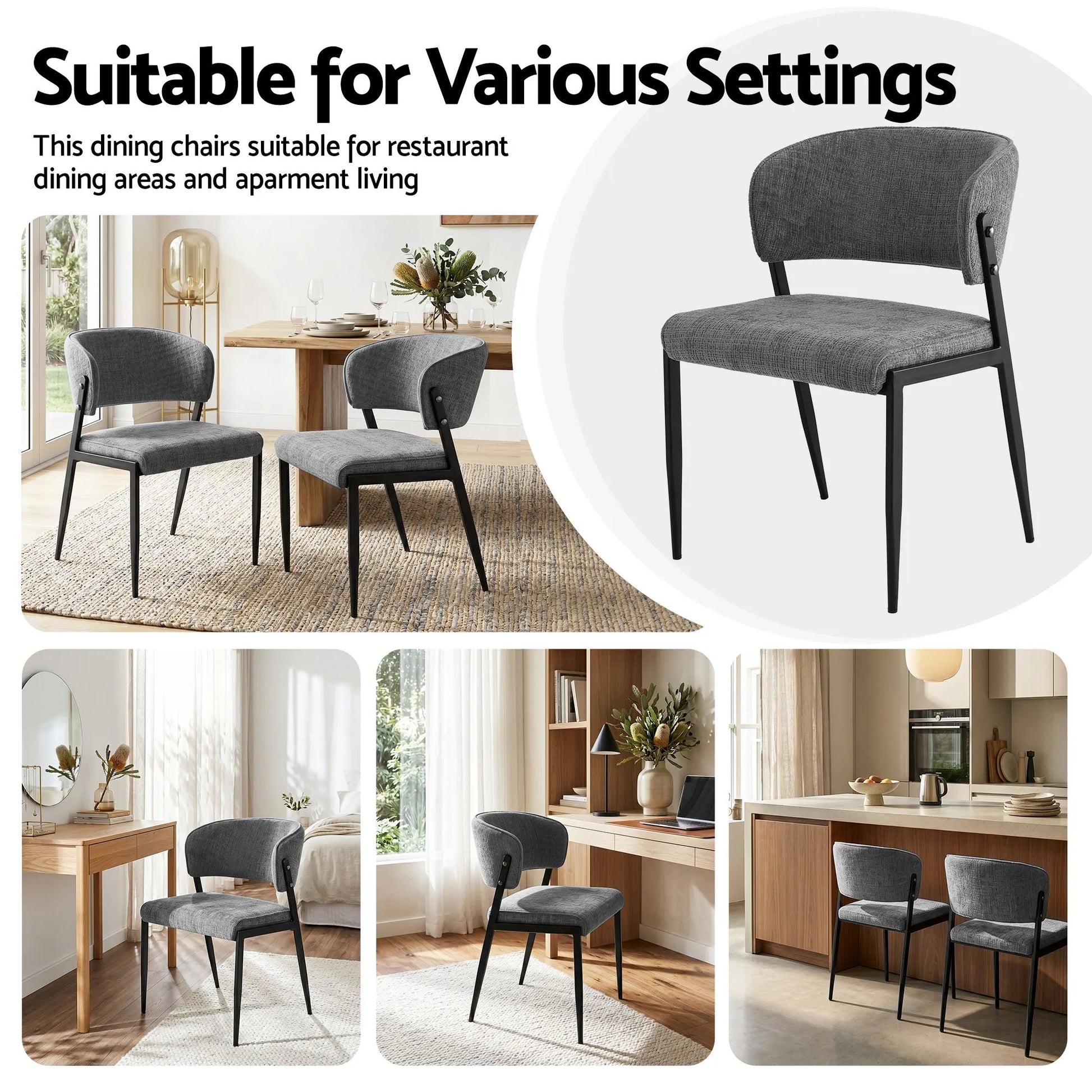 Artiss Dining Chairs Set of 6 Linen Fabric Soft Upholstered Chairs Grey - Image 8