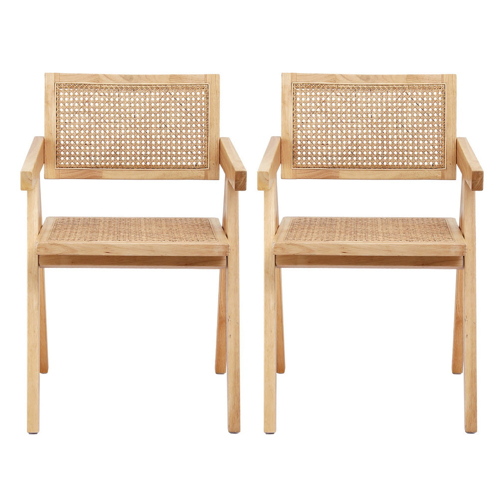 Artiss 2x Dining Chairs Wooden Rattan Seat Rubber Wood Frame - Image 3