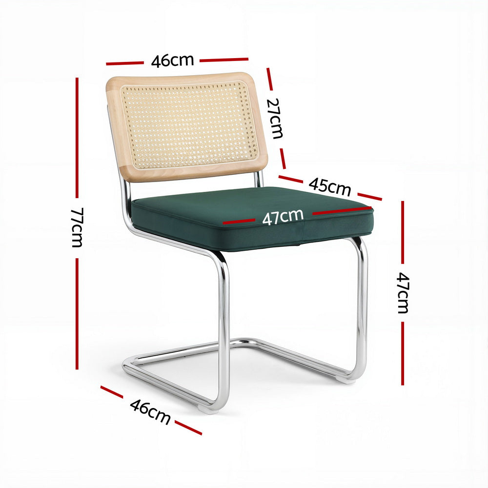 Artiss Dining Chairs Set of 2 Velvet Rattan Cantilever Green - Image 2