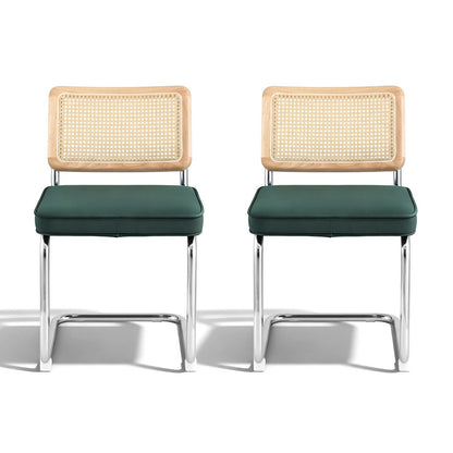 Artiss Dining Chairs Set of 2 Velvet Rattan Cantilever Green - Image 3