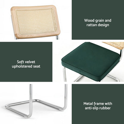 Artiss Dining Chairs Set of 2 Velvet Rattan Cantilever Green - Image 6