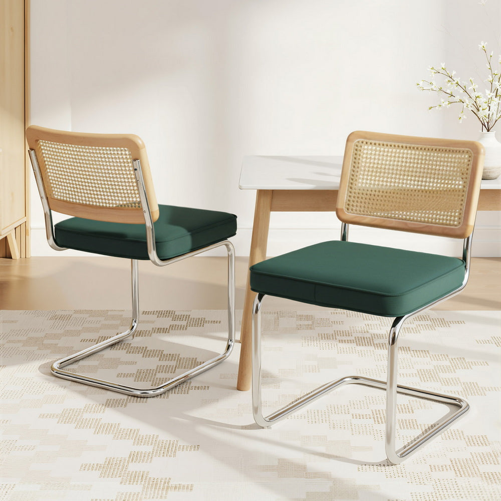 Artiss Dining Chairs Set of 2 Velvet Rattan Cantilever Green - Image 7
