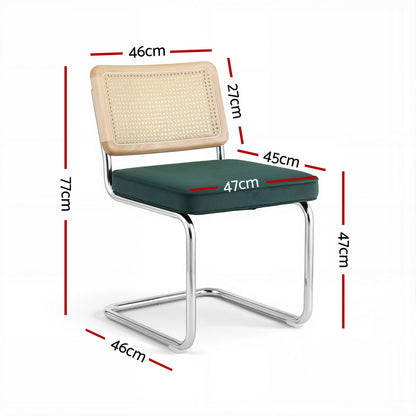 Artiss Dining Chairs Set of 4 Velvet Rattan Cantilever Green - Image 2
