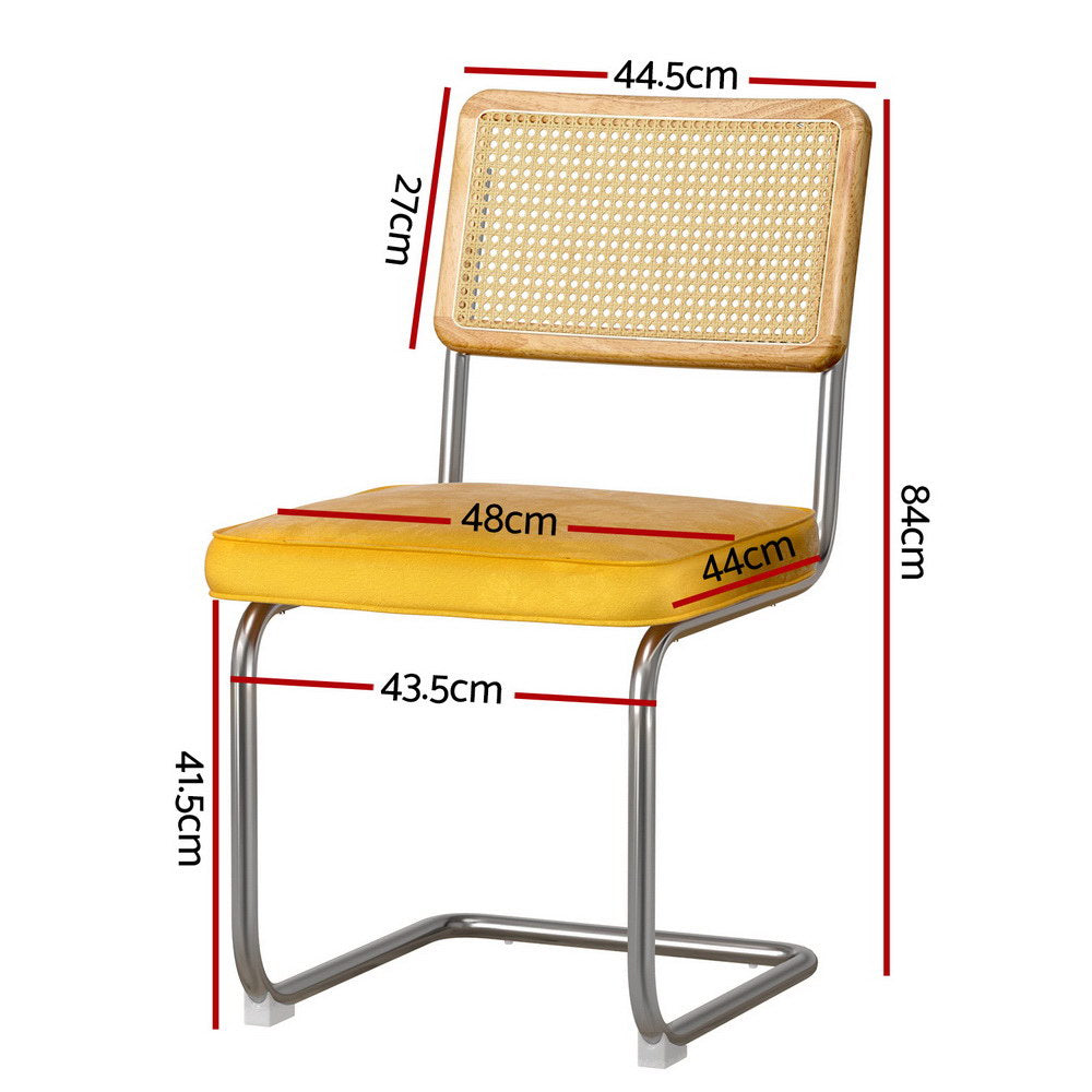Artiss Dining Chairs Set of 4 Velvet Rattan Cantilever Yellow - Image 2