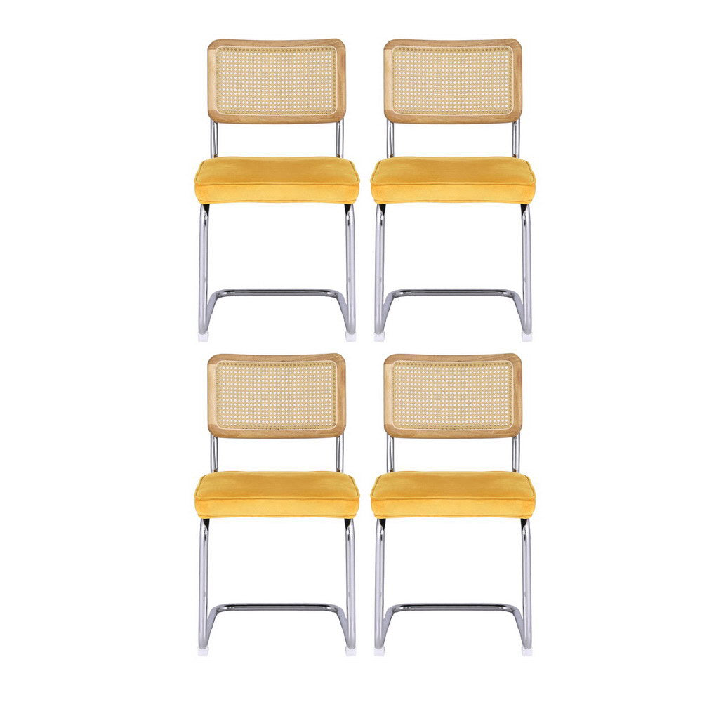 Artiss Dining Chairs Set of 4 Velvet Rattan Cantilever Yellow - Image 3