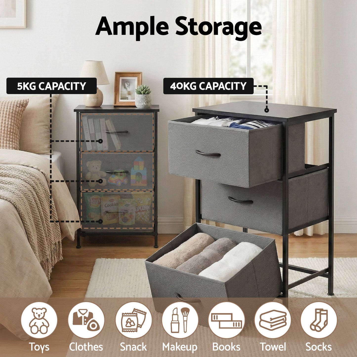 Artiss Chest of 3 Drawers Storage Dresser Tallboy Grey - Image 5