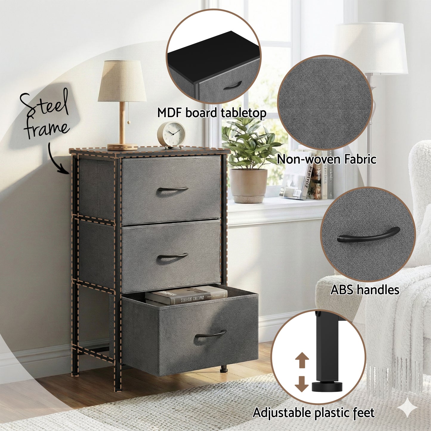 Artiss Chest of 3 Drawers Storage Dresser Tallboy Grey - Image 6