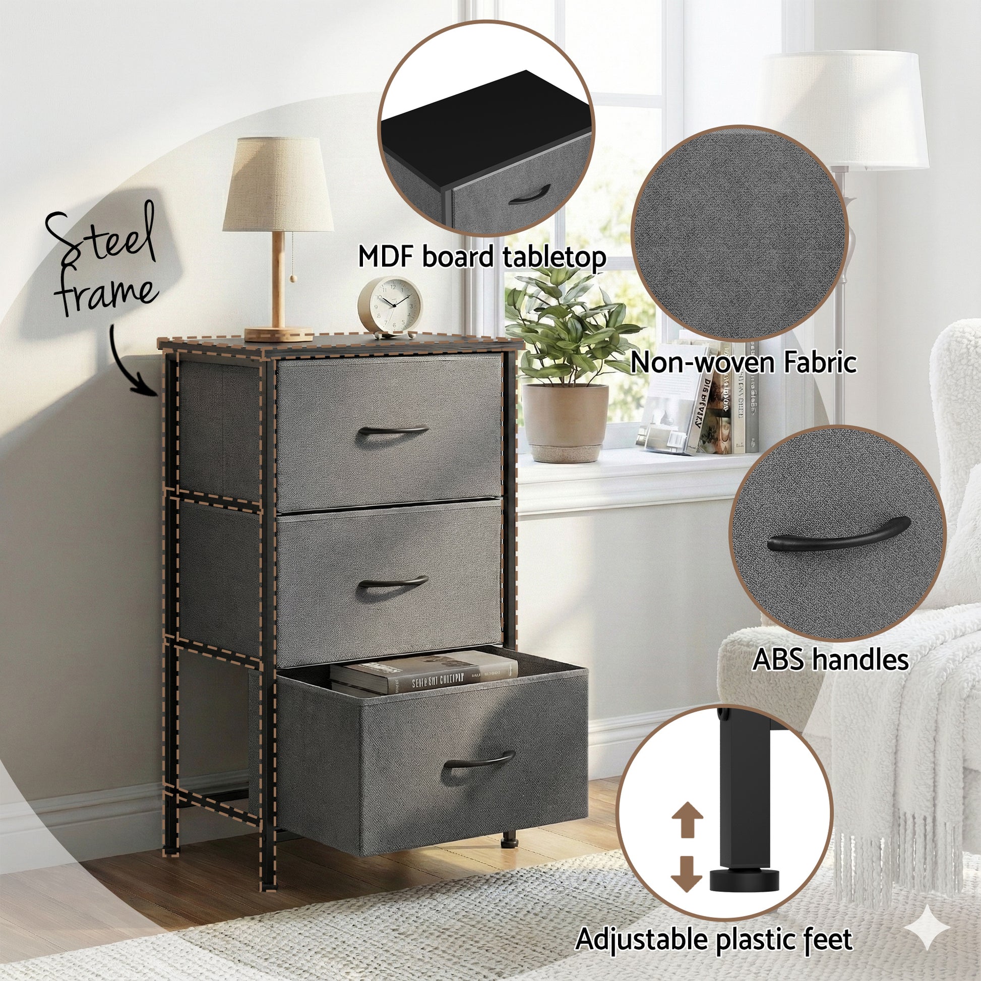 Artiss Chest of 3 Drawers Storage Dresser Tallboy Grey - Image 6