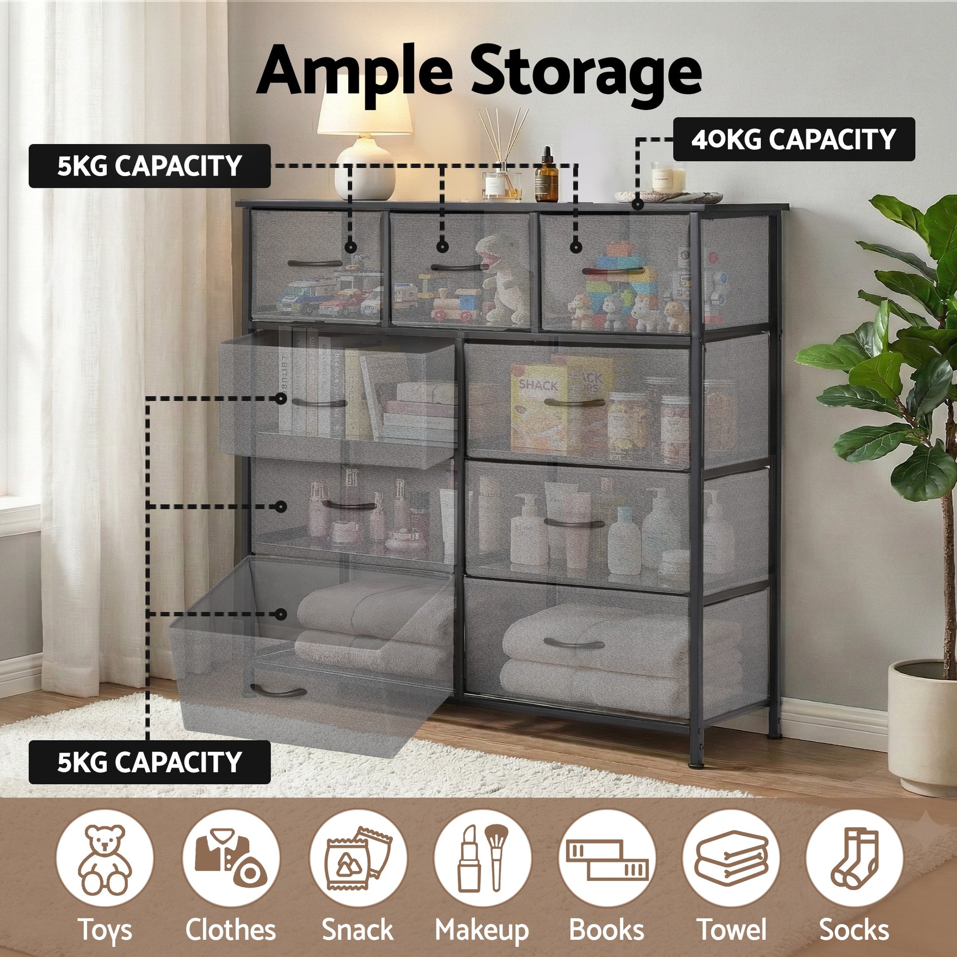Artiss Chest of 9 Drawers Storage Dresser Tallboy Dark Grey - Image 5