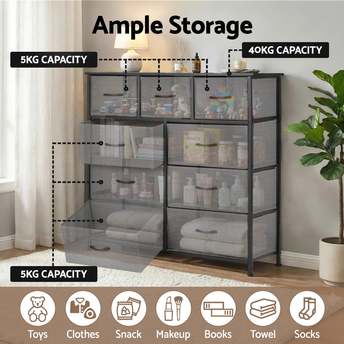 Artiss Chest of 9 Drawers Storage Dresser Tallboy Dark Grey - Image 5