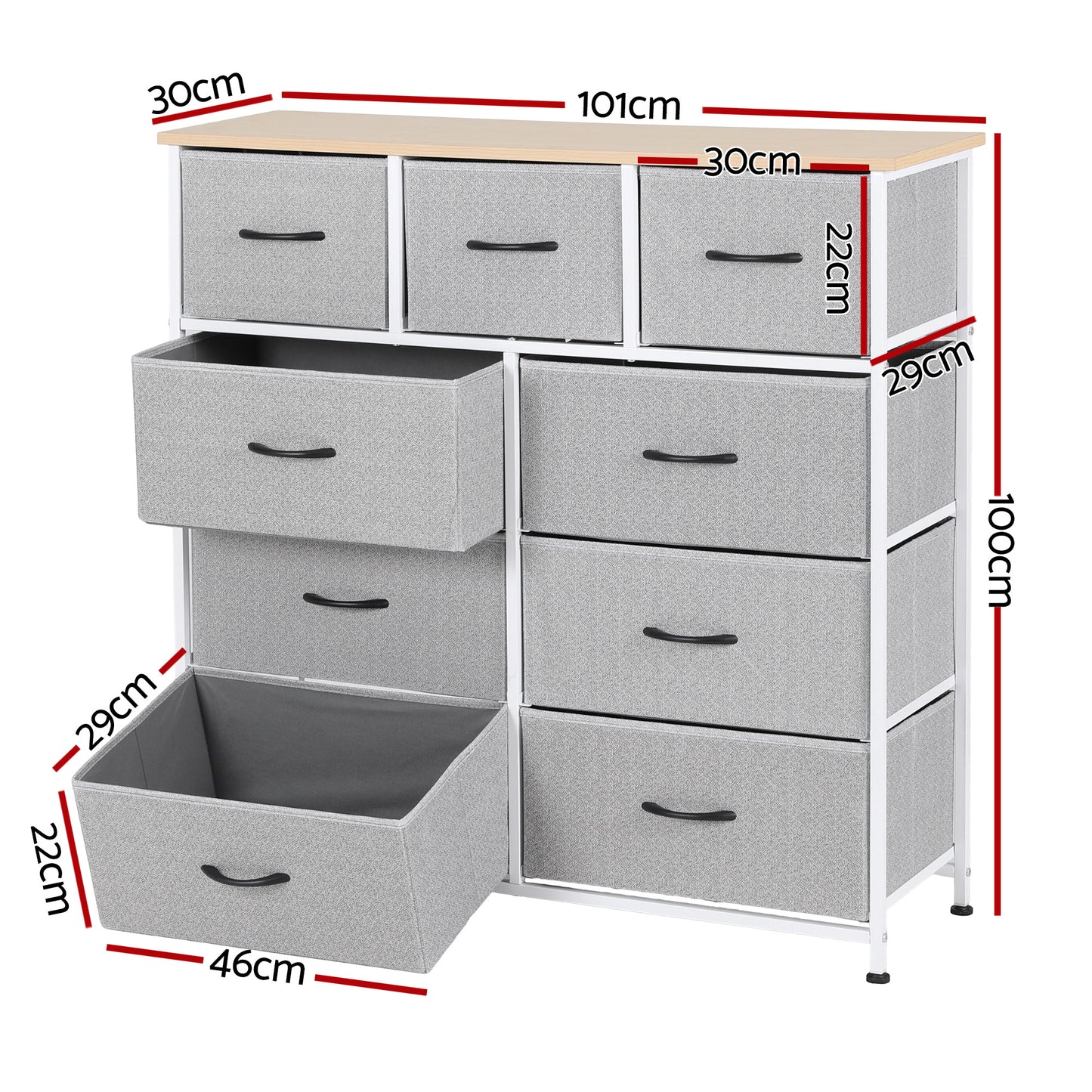 Artiss Chest of 9 Drawers Storage Dresser Tallboy Light Grey - Image 3