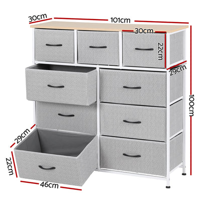 Artiss Chest of 9 Drawers Storage Dresser Tallboy Light Grey - Image 3