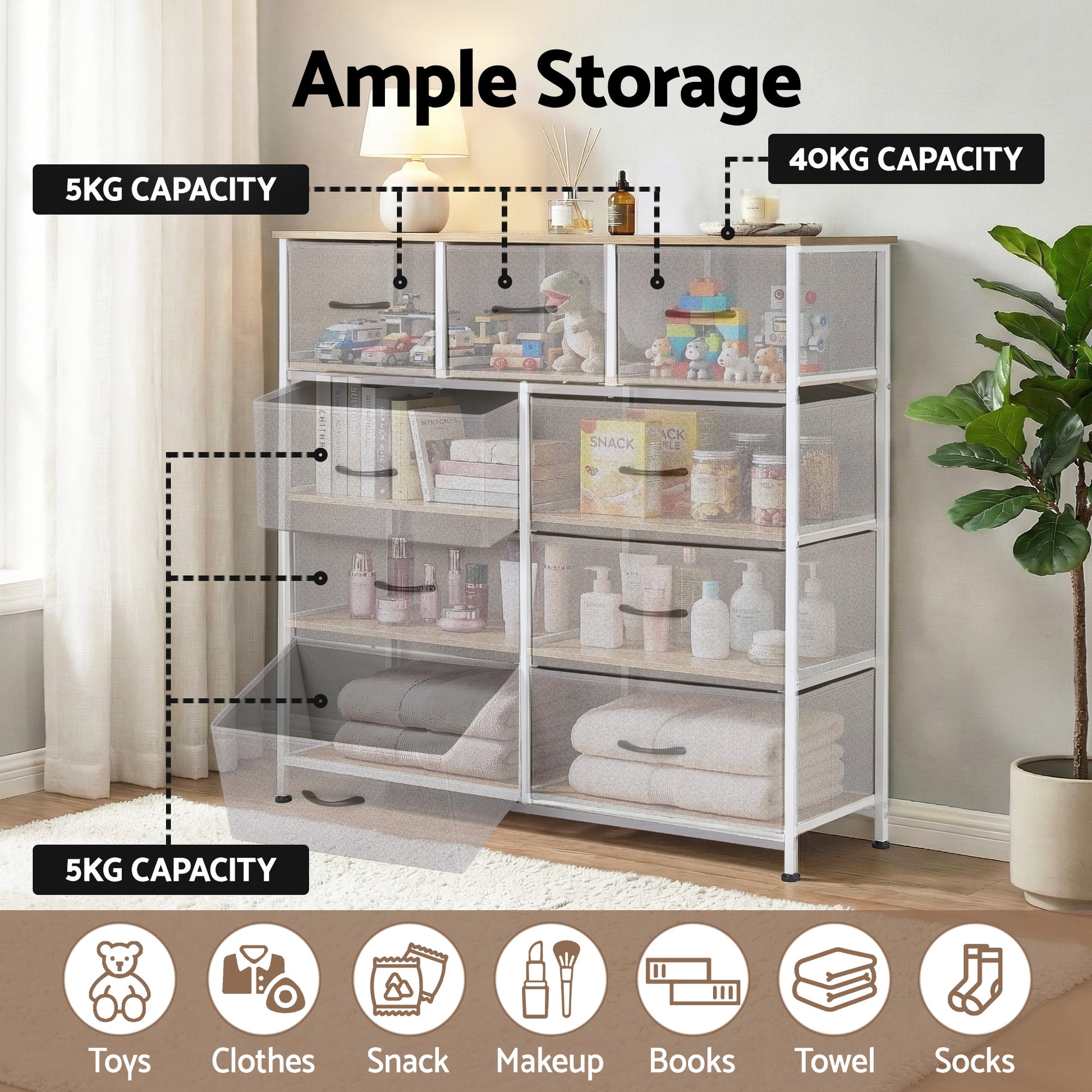 Artiss Chest of 9 Drawers Storage Dresser Tallboy Light Grey - Image 5
