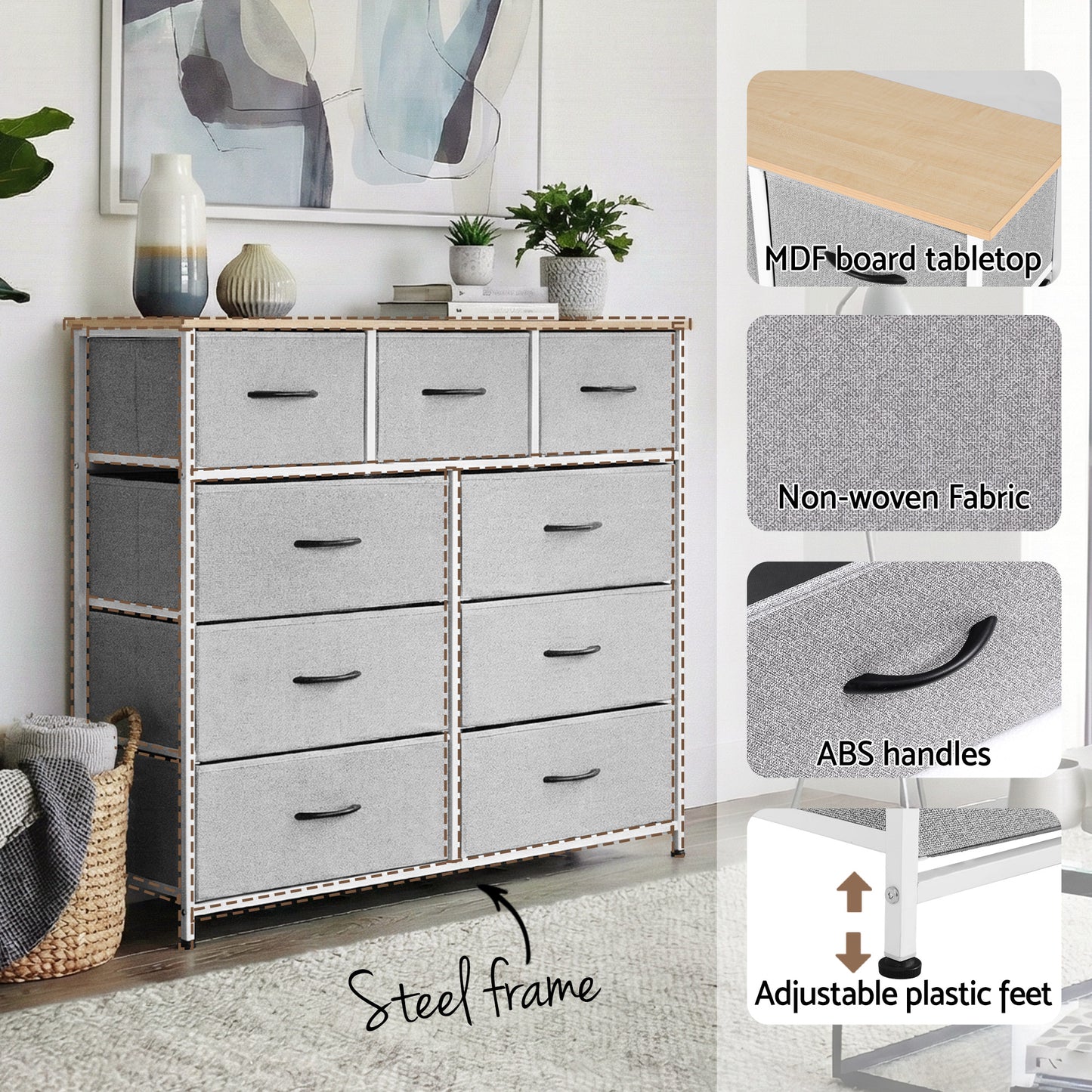 Artiss Chest of 9 Drawers Storage Dresser Tallboy Light Grey - Image 6