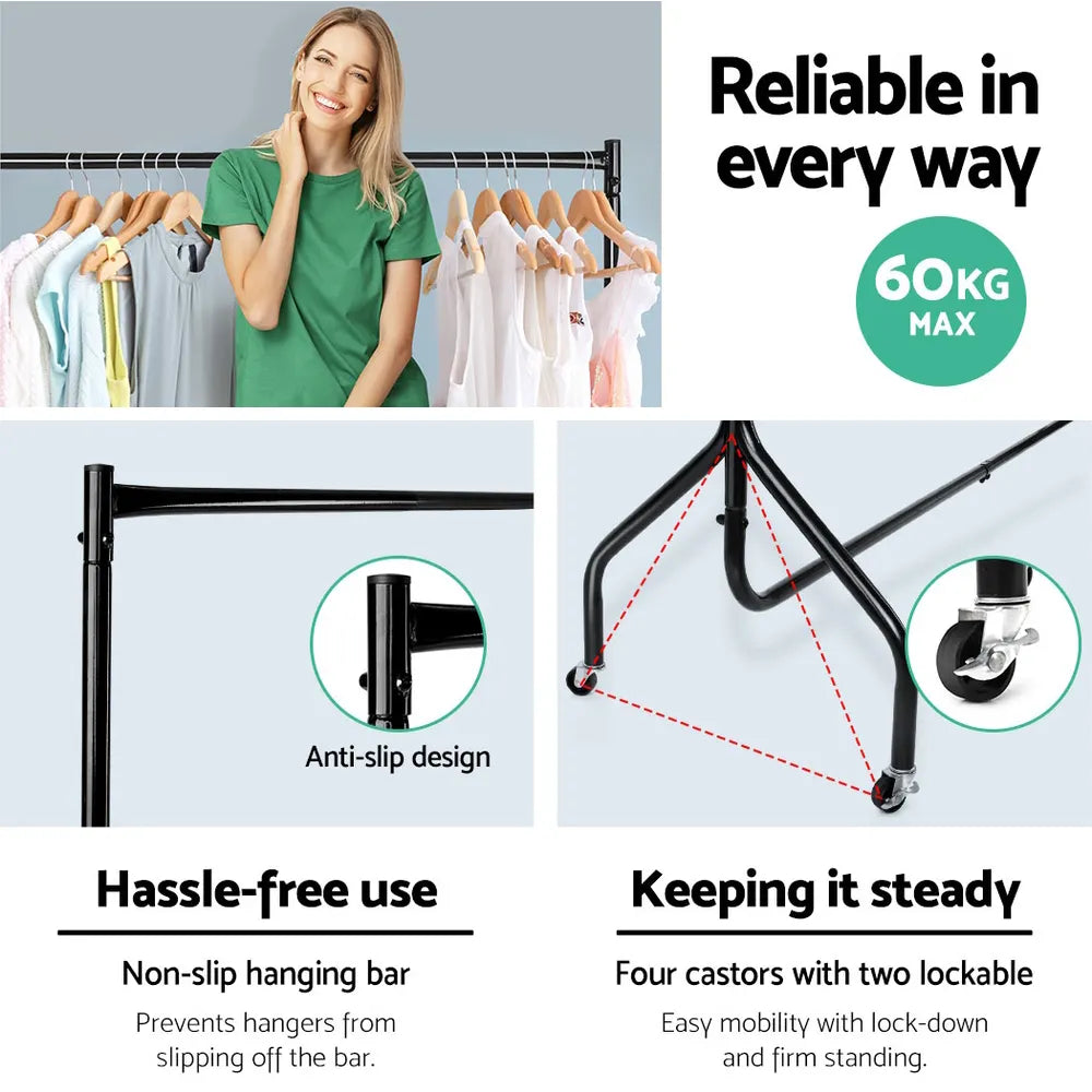 Artiss Clothes Rack Airer Coat Stand 6FT Rail Wheels - Image 4