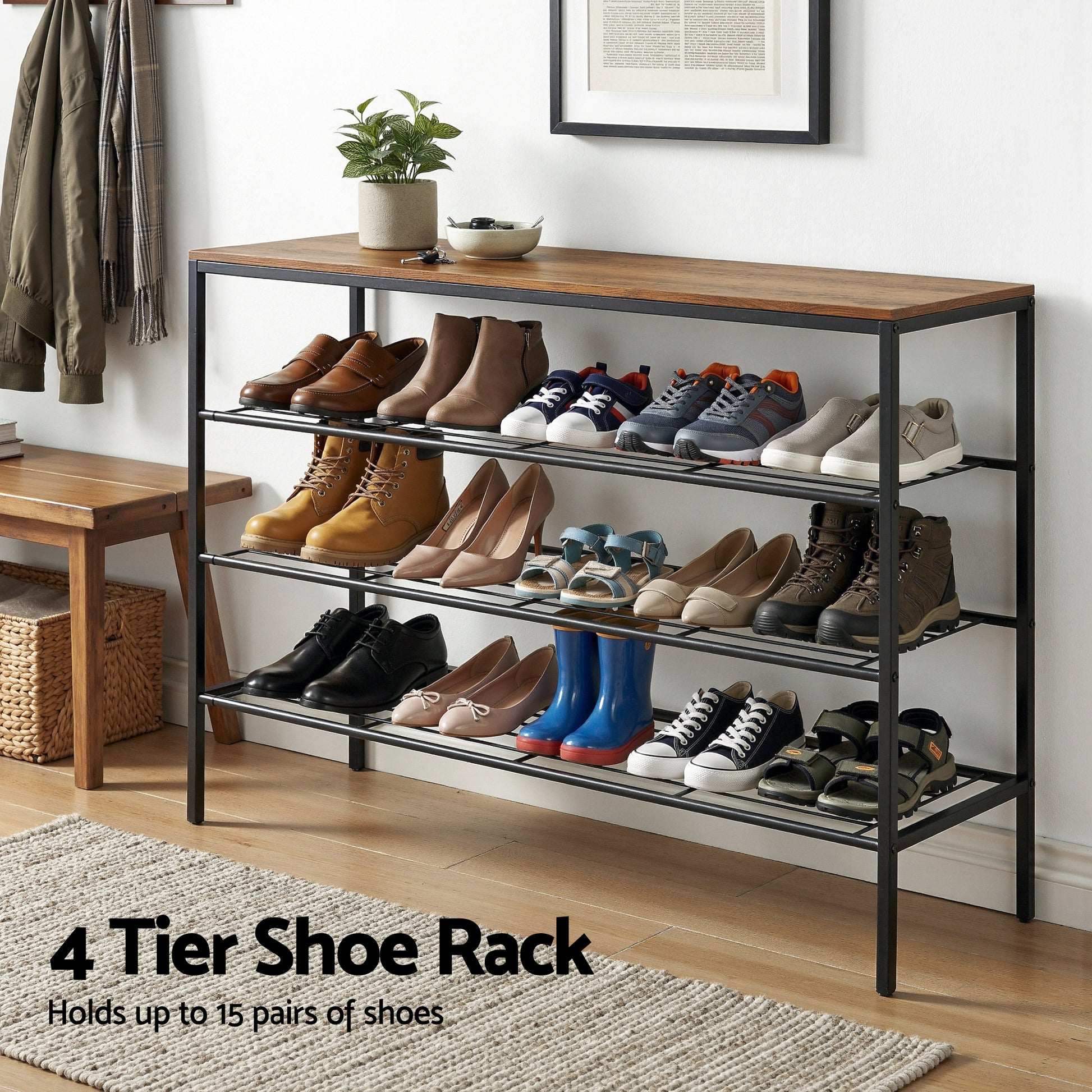 Artiss Shoe Rack 4 tier Storage Organiser Walnut - Image 5
