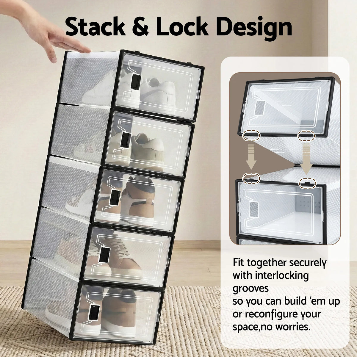 Artiss Shoe Storage Box DIY Set of 12 Stackable Black - Image 5