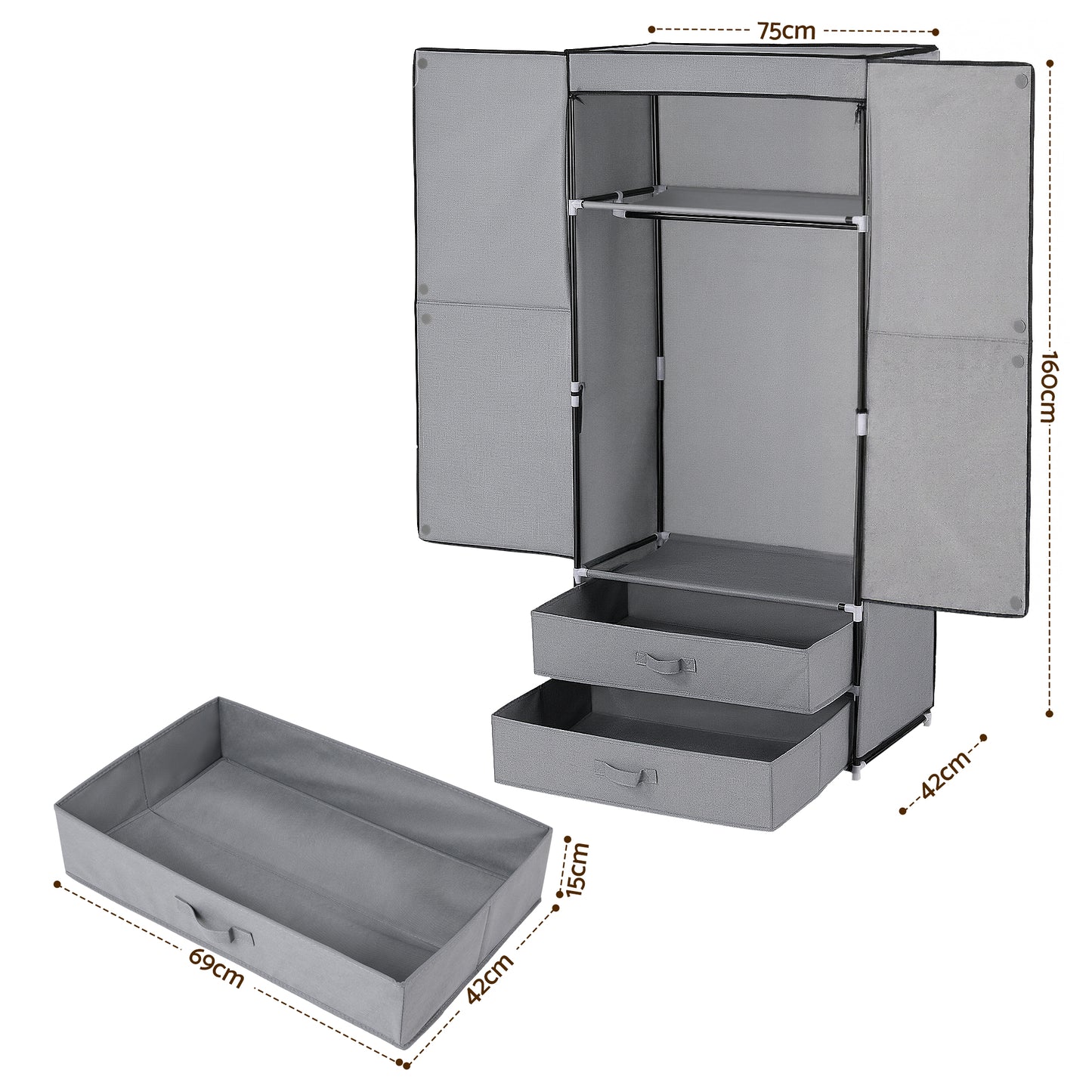 Artiss Large Portable Clothes Closet Wardrobe with Magnetic Door Grey - Image 3