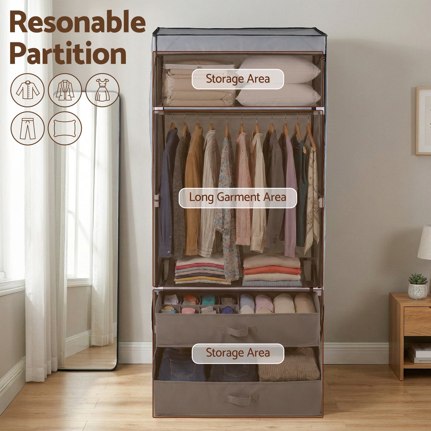 Artiss Large Portable Clothes Closet Wardrobe with Magnetic Door Grey - Image 5