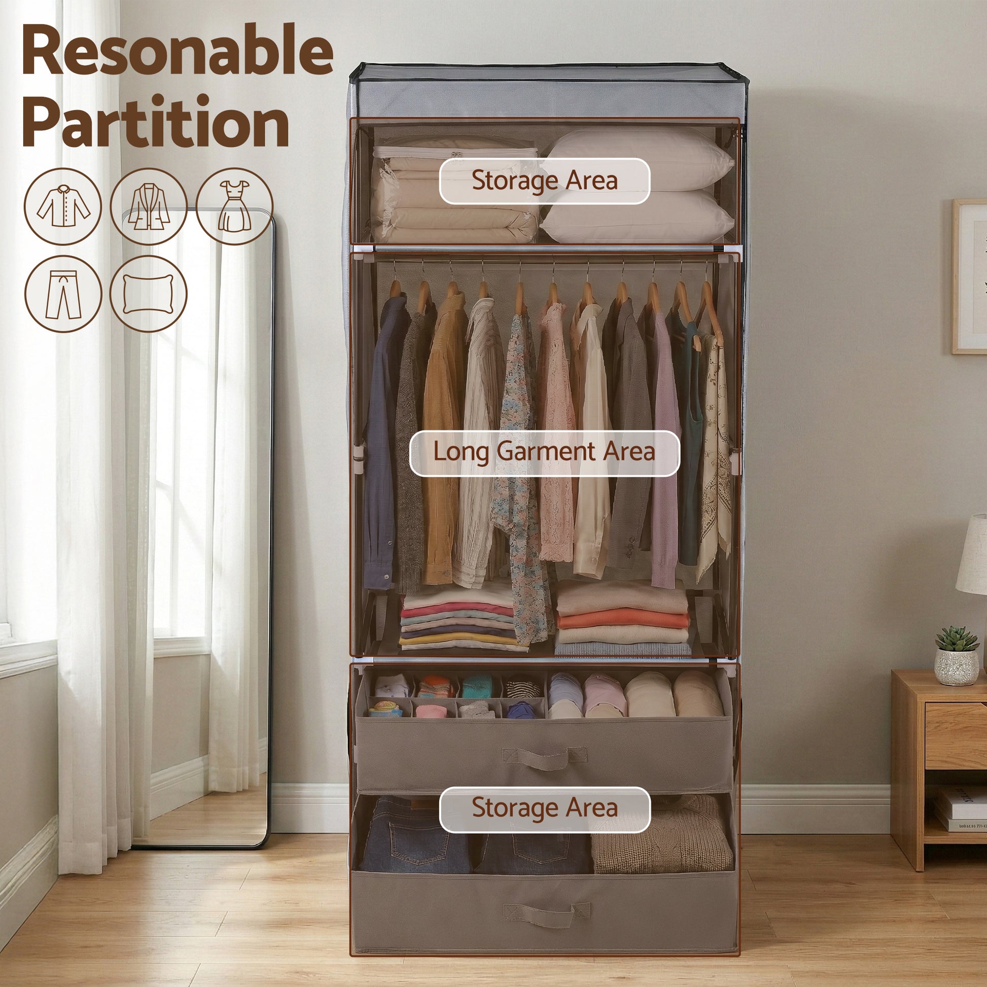 Artiss Large Portable Clothes Closet Wardrobe with Magnetic Door Grey - Image 5