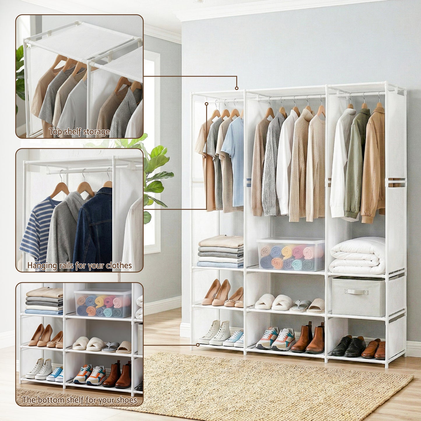 Artiss Large Portable Clothes Closet Wardrobe with Open Shelf White - Image 8