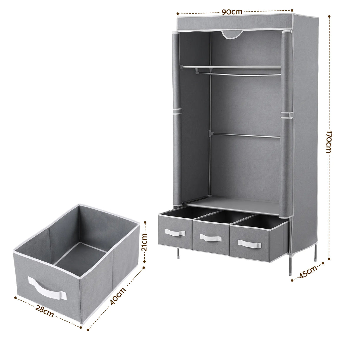 Artiss Large Portable Clothes Closet Wardrobe with Tiebacks Grey - Image 3