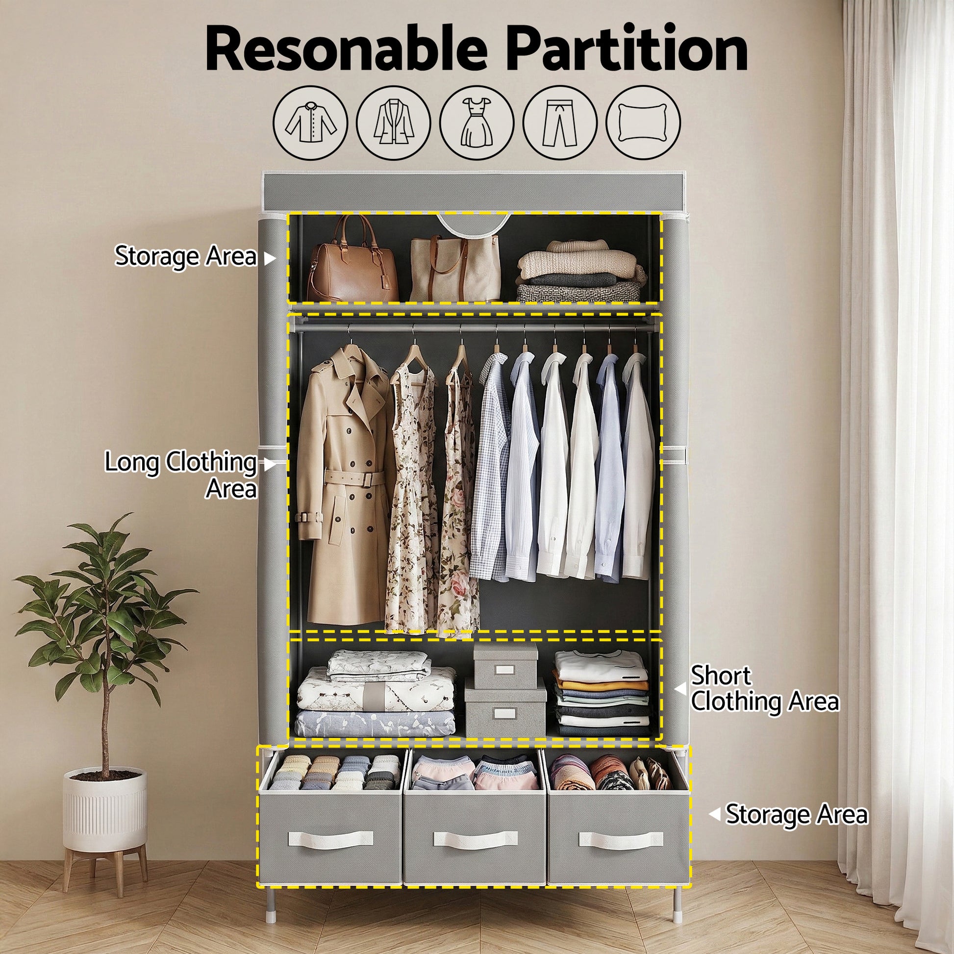Artiss Large Portable Clothes Closet Wardrobe with Tiebacks Grey - Image 5